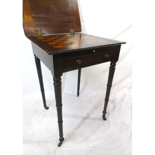 131 - Victorian mahogany card & games table with fold-over top, gameboard inset, frieze drawer, on turned ... 