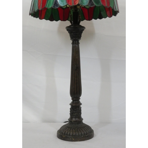 132 - Art Deco style bronzed electric lamp with ornate multi-coloured shade