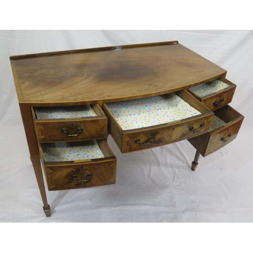 135 - Edwardian inlaid & crossbanded mahogany bow fronted sideboard or desk with three frieze drawers, two... 