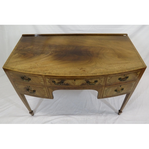 135 - Edwardian inlaid & crossbanded mahogany bow fronted sideboard or desk with three frieze drawers, two... 