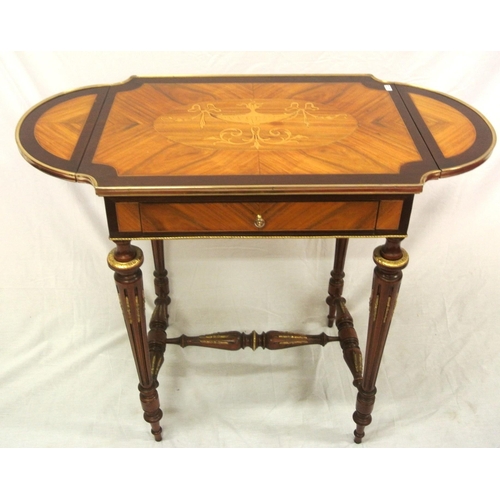 136 - Edwardian style inlaid & crossbanded mahogany & walnut occasional table with ormolu borders, D-shape... 