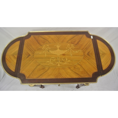 136 - Edwardian style inlaid & crossbanded mahogany & walnut occasional table with ormolu borders, D-shape... 