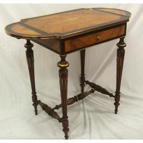 136 - Edwardian style inlaid & crossbanded mahogany & walnut occasional table with ormolu borders, D-shape... 