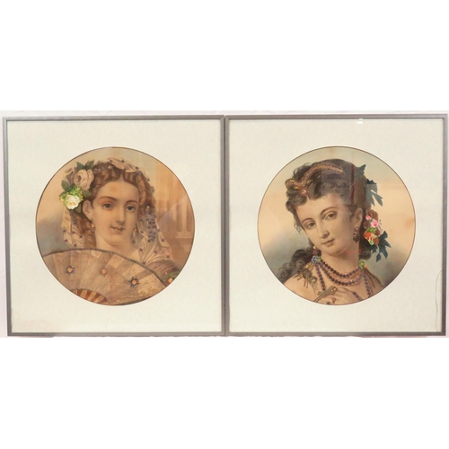 15 - Victorian school 'Ladies with decoupage highlighted embellishments' a pair 40x40cm each