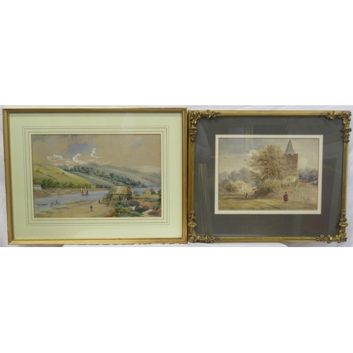 16 - Victorian school 'River scene' & 'Country Village' two watercolours 30x45 & 25x35cm  unsigned