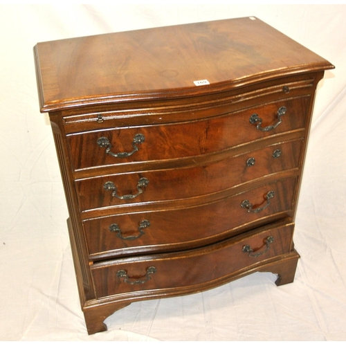 169 - Edwardian mahogany serpentine fronted bachelors chest of four drawers with pull-out shelf, drop hand... 