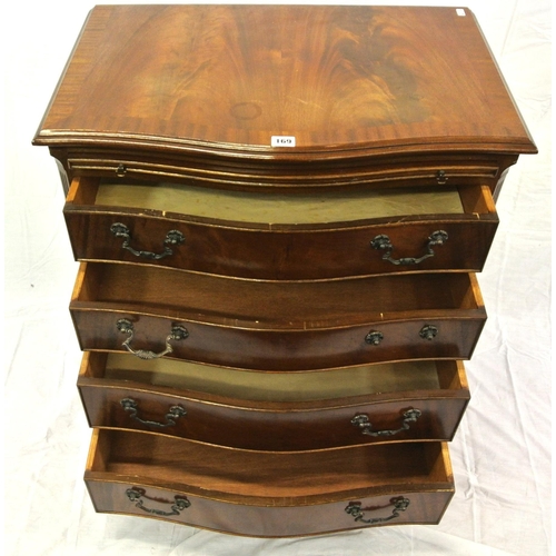 169 - Edwardian mahogany serpentine fronted bachelors chest of four drawers with pull-out shelf, drop hand... 