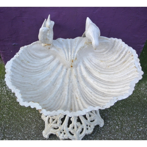 173 - Ornate cast iron shell shaped bird bath with bird decoration & pierced base