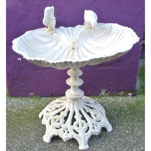 173 - Ornate cast iron shell shaped bird bath with bird decoration & pierced base