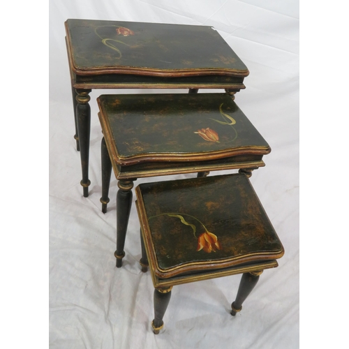 179 - Edwardian style painted nest of three serpentine fronted tables with foliate decoration