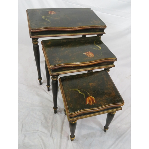 179 - Edwardian style painted nest of three serpentine fronted tables with foliate decoration