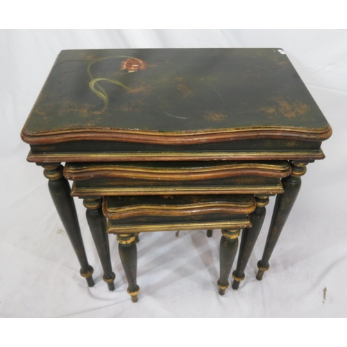 179 - Edwardian style painted nest of three serpentine fronted tables with foliate decoration