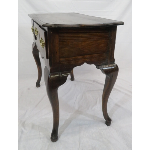 186 - Georgian oak lowboy with three frieze drawers, brass drop handles with shaped backplates, on cabriol... 