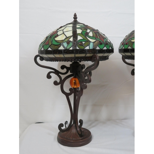 187 - Pair of Art Deco style electric table lamps with multi-coloured panelled shades, shaped columns & ro... 