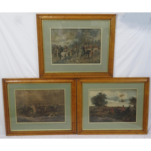 19 - Victorian school 'Hunting scenes' set of 3 maple framed prints 40x60cm each