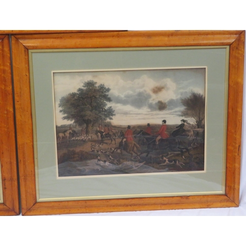 19 - Victorian school 'Hunting scenes' set of 3 maple framed prints 40x60cm each