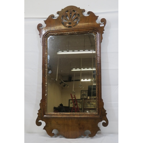 197 - Queen Anne mahogany & walnut wall mirror with ornate pierced & shaped top & baseH92 x50cm