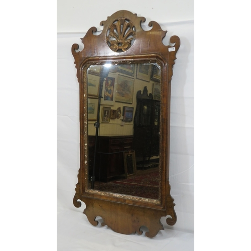 197 - Queen Anne mahogany & walnut wall mirror with ornate pierced & shaped top & baseH92 x50cm