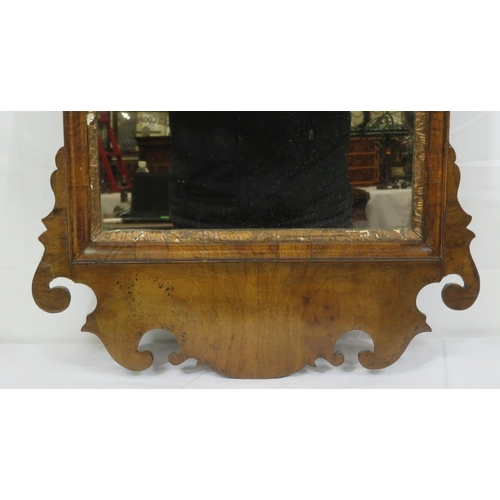 197 - Queen Anne mahogany & walnut wall mirror with ornate pierced & shaped top & baseH92 x50cm