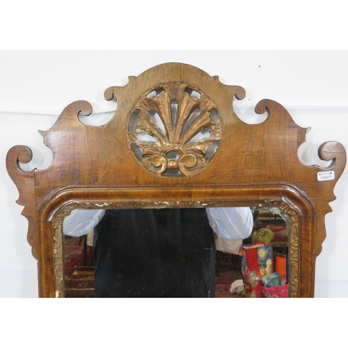 197 - Queen Anne mahogany & walnut wall mirror with ornate pierced & shaped top & baseH92 x50cm