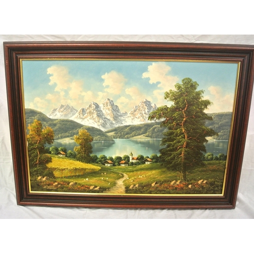 2 - A Franke 'Alpine lake scene' oil on canvas 60x90cm signed