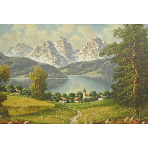 2 - A Franke 'Alpine lake scene' oil on canvas 60x90cm signed