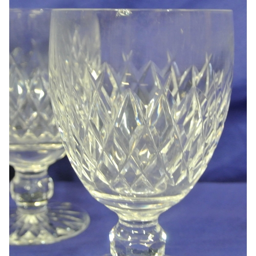 202 - Set of six Waterford Crystal cut glass white wine glasses with knop stems & round bases