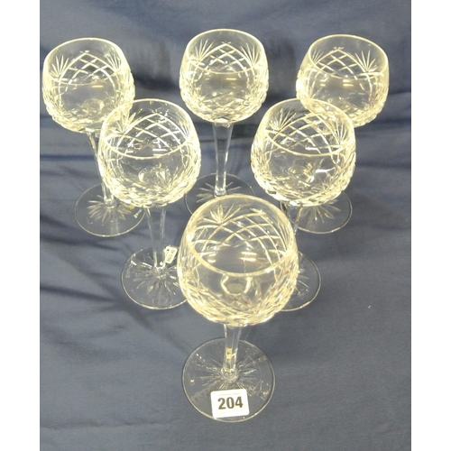 204 - Set of six Galway Crystal glasses with diamond decoration, hexagonal stems & round bases