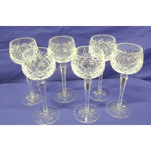 204 - Set of six Galway Crystal glasses with diamond decoration, hexagonal stems & round bases