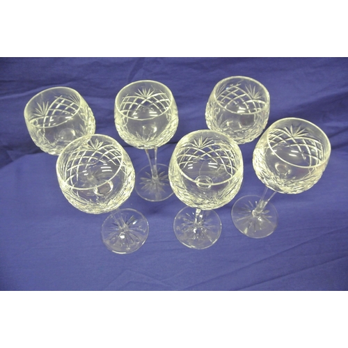 204 - Set of six Galway Crystal glasses with diamond decoration, hexagonal stems & round bases