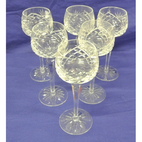 204 - Set of six Galway Crystal glasses with diamond decoration, hexagonal stems & round bases