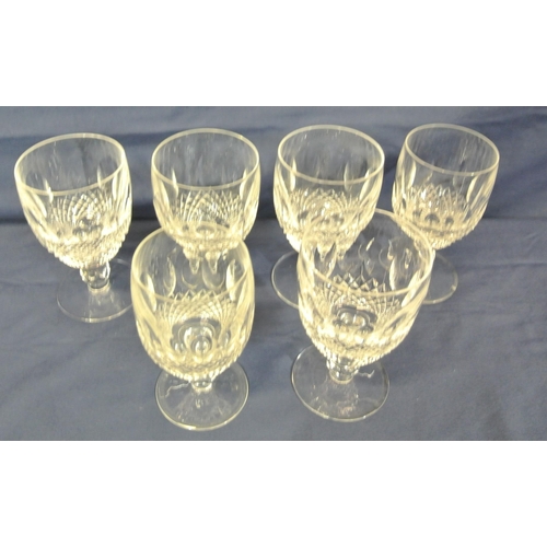 213 - Set of six cut glass wine glasses with strawberry diamonds, knop stems & round bases