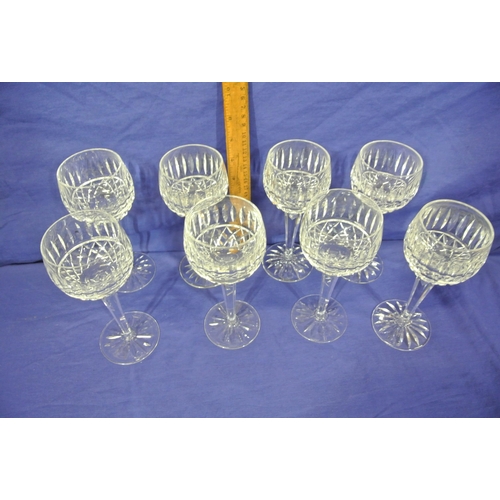 222 - Set of eight Waterford Crystal stemmed hock glasses with faceted & strawberry diamonds, hexagonal st... 