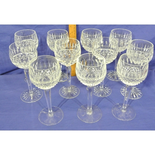 222 - Set of eight Waterford Crystal stemmed hock glasses with faceted & strawberry diamonds, hexagonal st... 