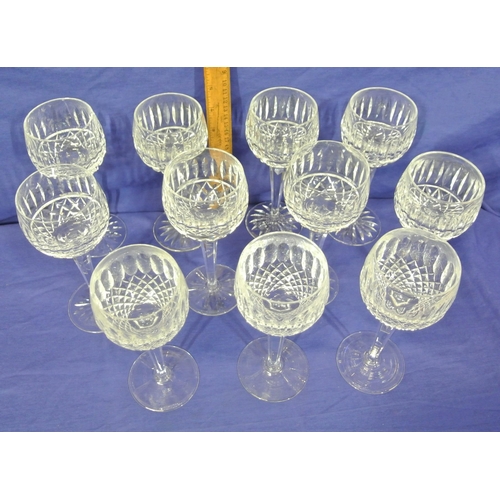 222 - Set of eight Waterford Crystal stemmed hock glasses with faceted & strawberry diamonds, hexagonal st... 