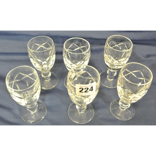 224 - Set of six crystal cut glass sherry glasses with knop stems & round bases