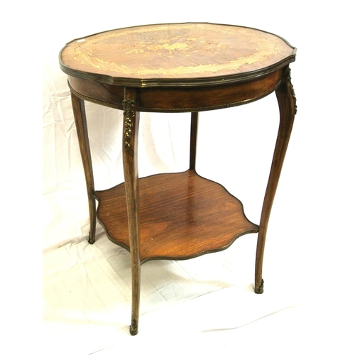 231 - Louis XV inlaid mahogany & kingwood two tier occasional table with shaped brass border, ornate ormol... 