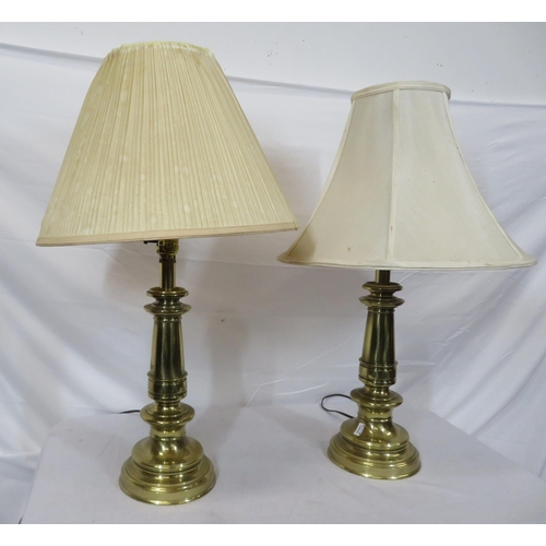 232 - Pair of round brass electric table lamps with stepped bases