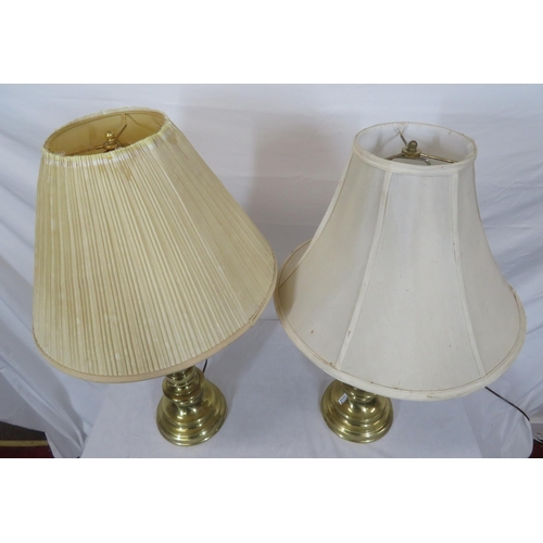 232 - Pair of round brass electric table lamps with stepped bases