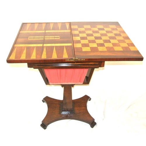 245 - William IV rosewood games table with fold-over top, satinwood inlaid boards, fitted drawer & materia... 