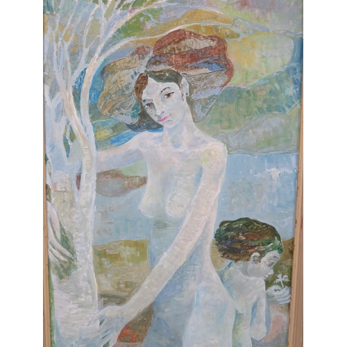 25 - Singh 'Lady and child by a river' oil on board 70x40cm signed