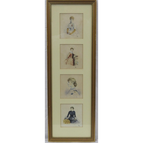 26 - English school 'Portraits of 4 Victorian ladies' watercolours 10x11cm each, framed as one