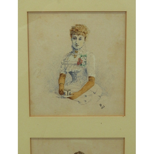 26 - English school 'Portraits of 4 Victorian ladies' watercolours 10x11cm each, framed as one