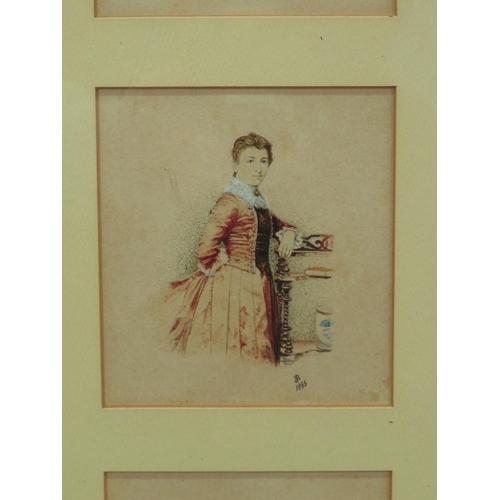 26 - English school 'Portraits of 4 Victorian ladies' watercolours 10x11cm each, framed as one