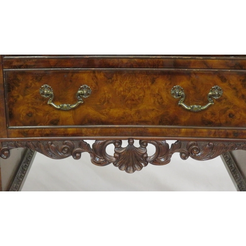 260 - Edwardian walnut serpentine fronted sideboard with scroll carved back & border, two bowed central dr... 