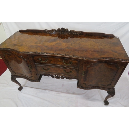 260 - Edwardian walnut serpentine fronted sideboard with scroll carved back & border, two bowed central dr... 