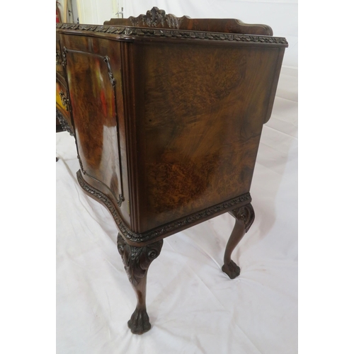 260 - Edwardian walnut serpentine fronted sideboard with scroll carved back & border, two bowed central dr... 