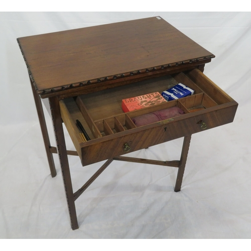 266 - Edwardian mahogany card table with swivel fold-over top, decorated border, frieze drawer, on square ... 