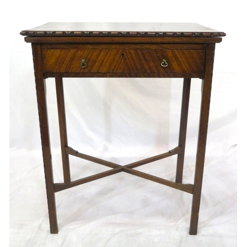 266 - Edwardian mahogany card table with swivel fold-over top, decorated border, frieze drawer, on square ... 