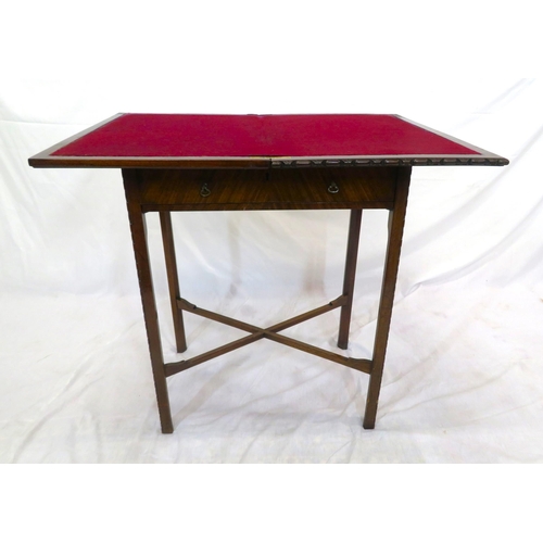 266 - Edwardian mahogany card table with swivel fold-over top, decorated border, frieze drawer, on square ... 